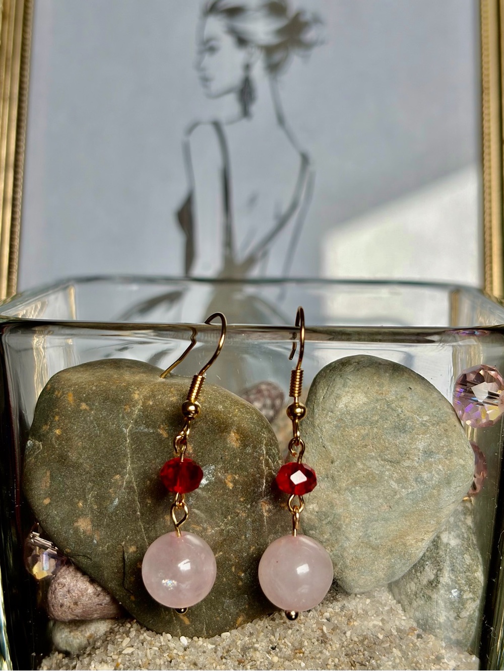 Gold-Tone Rose Quartz and Red Crystal Drop Earrings - Women Jewelry